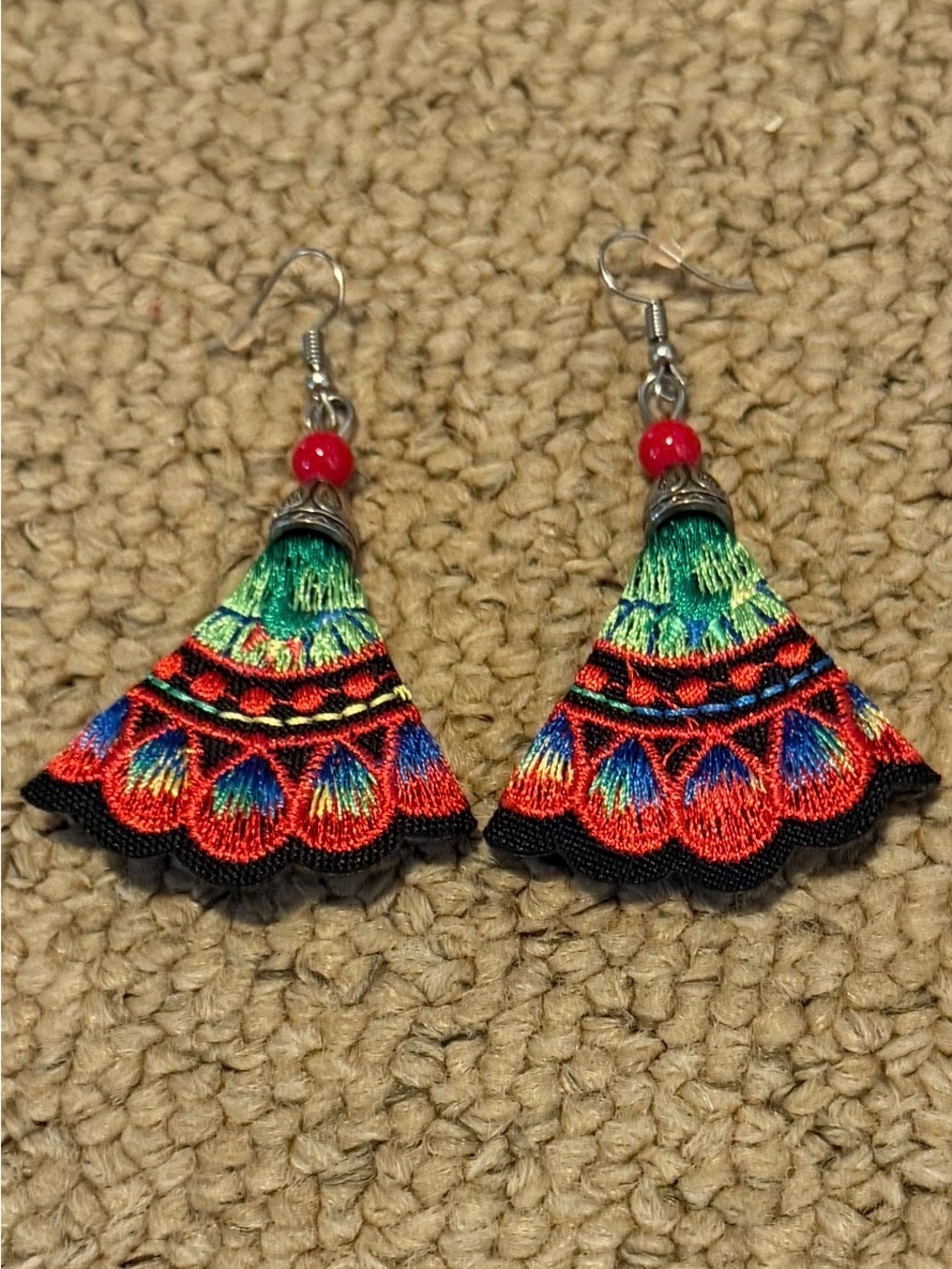 Colorful Embroidered Fan Tassel Earrings - Multicolor